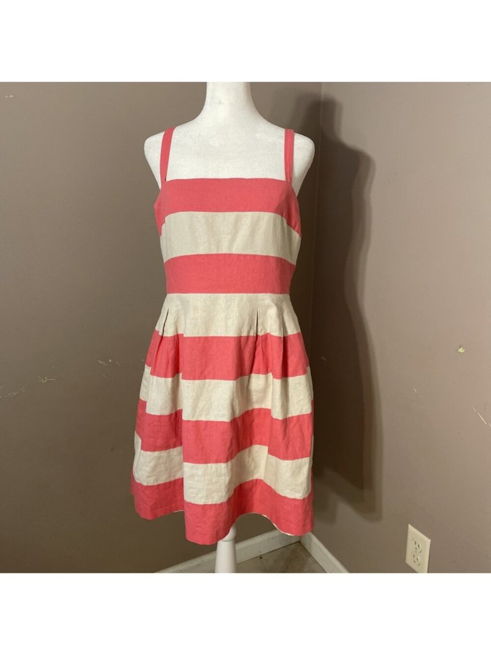 LOFT A Line Dress Pink Striped Sleeveless Linen Blend Summer Fully Lined Size 8